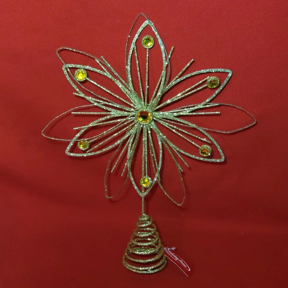 Holiday Home Jewel Flower Tree Topper Gold Glitter Sparkling Metal Wire Star Flo